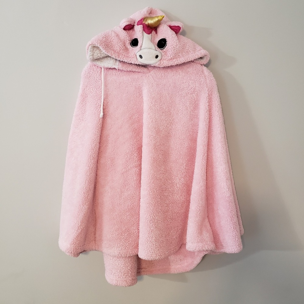 PJ Couture Fleece Unicorn Poncho Robe L/XL Hood Cozy Sparkle Arm Holes Pink